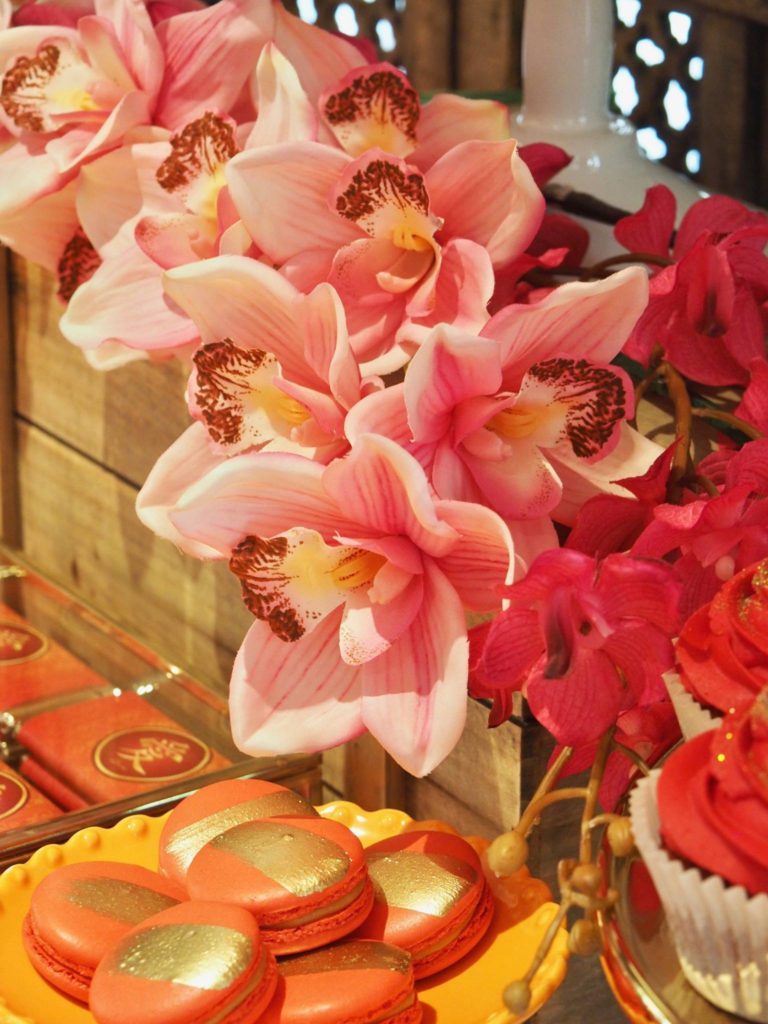 Tropical orchids at a Singaporean themed anniversary party