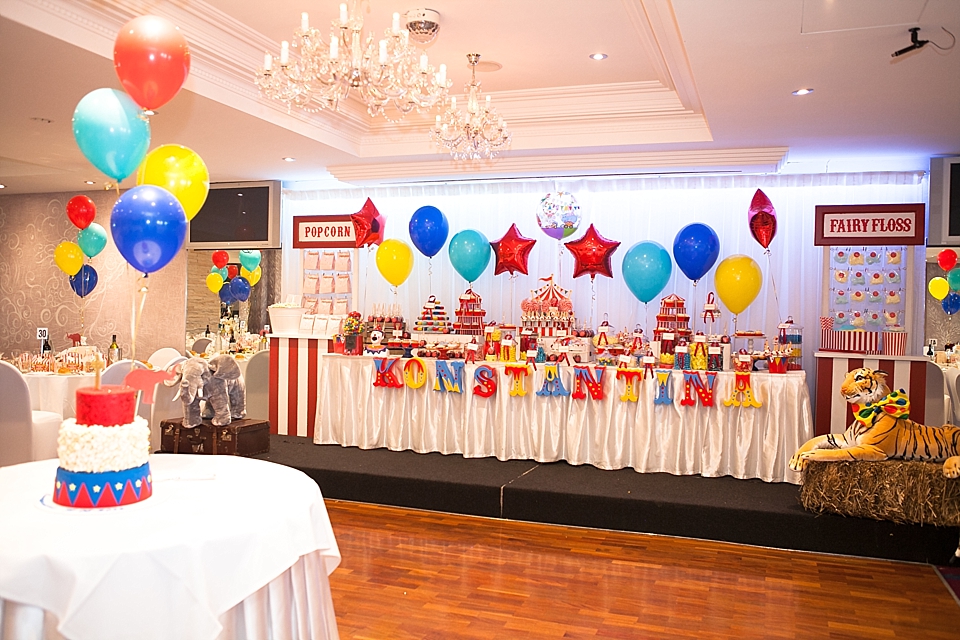 Circus-themed baptism and dessert bar