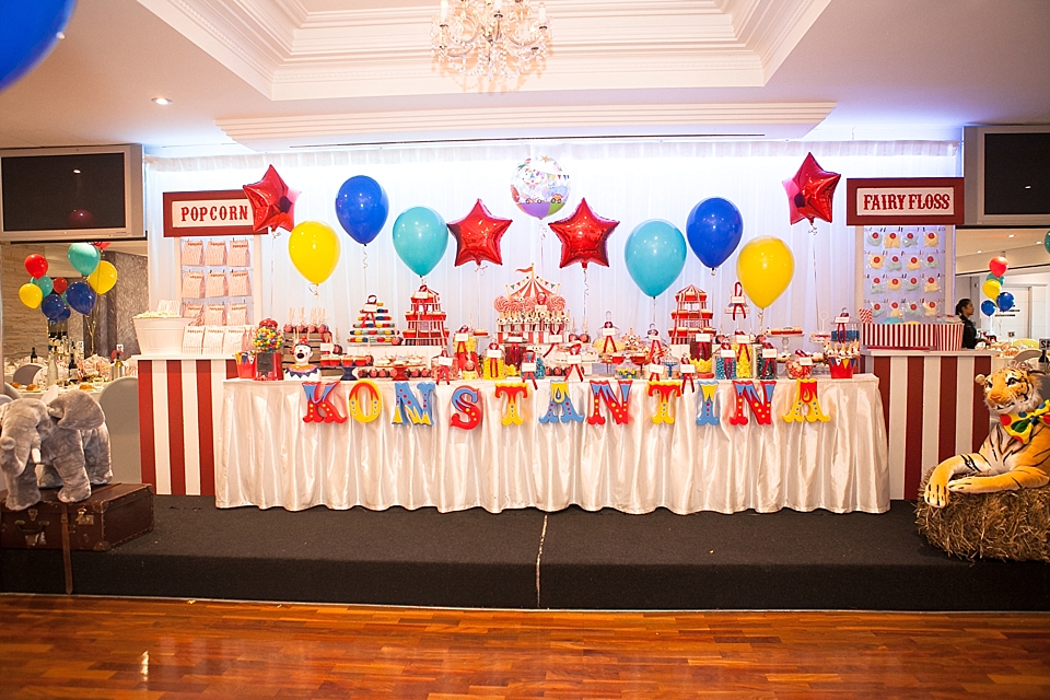 Circus-themed baptism and dessert bar