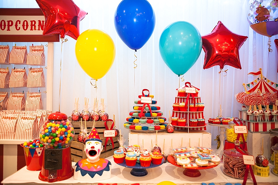 Circus-themed baptism and dessert bar