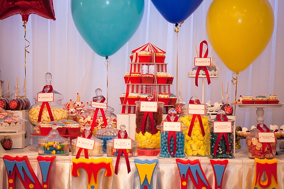 Circus-themed baptism and dessert bar