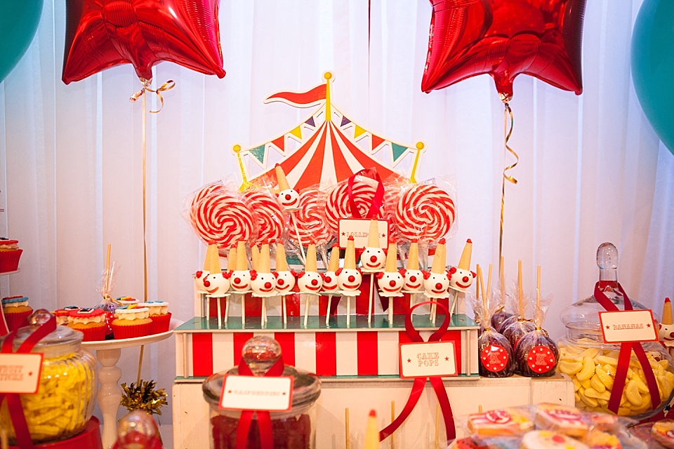 Circus-themed baptism and dessert bar