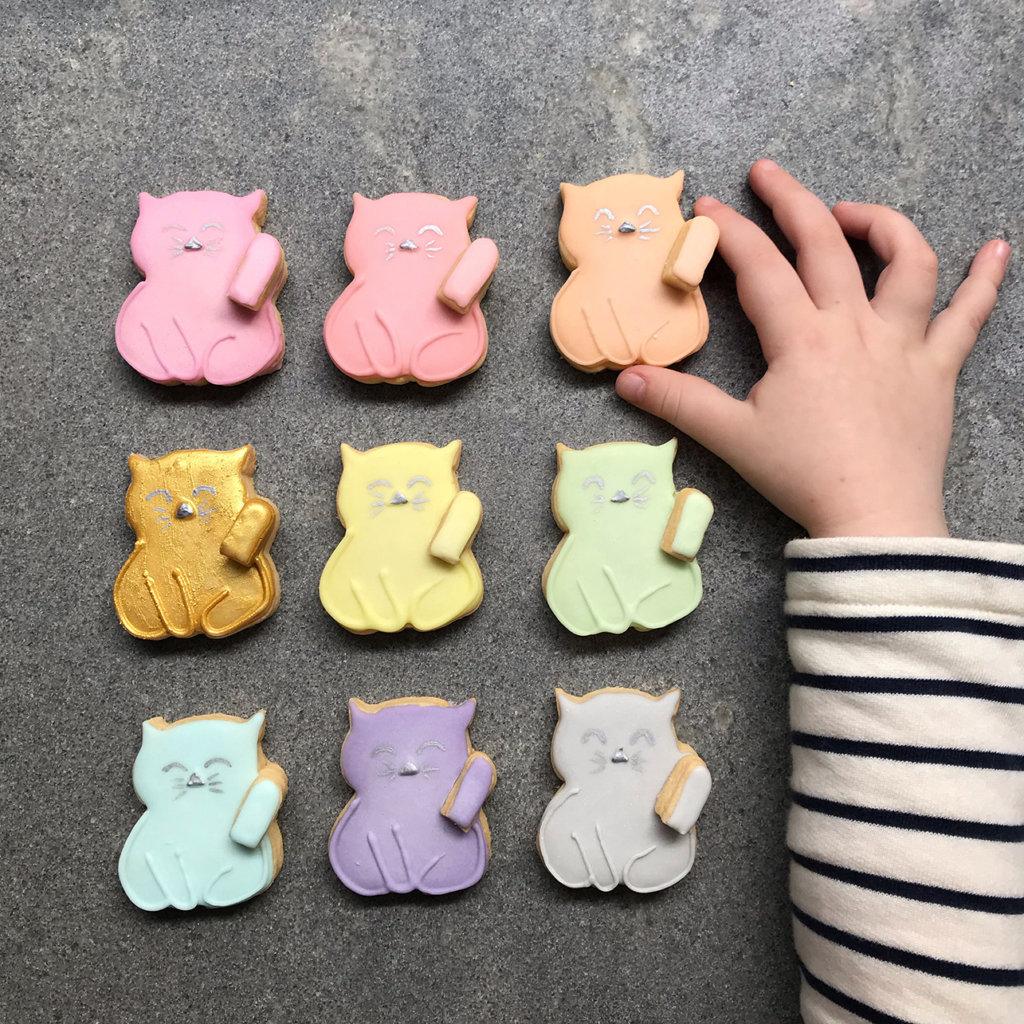 , Royal icing cookie DIY: Rainbow cute waving cats