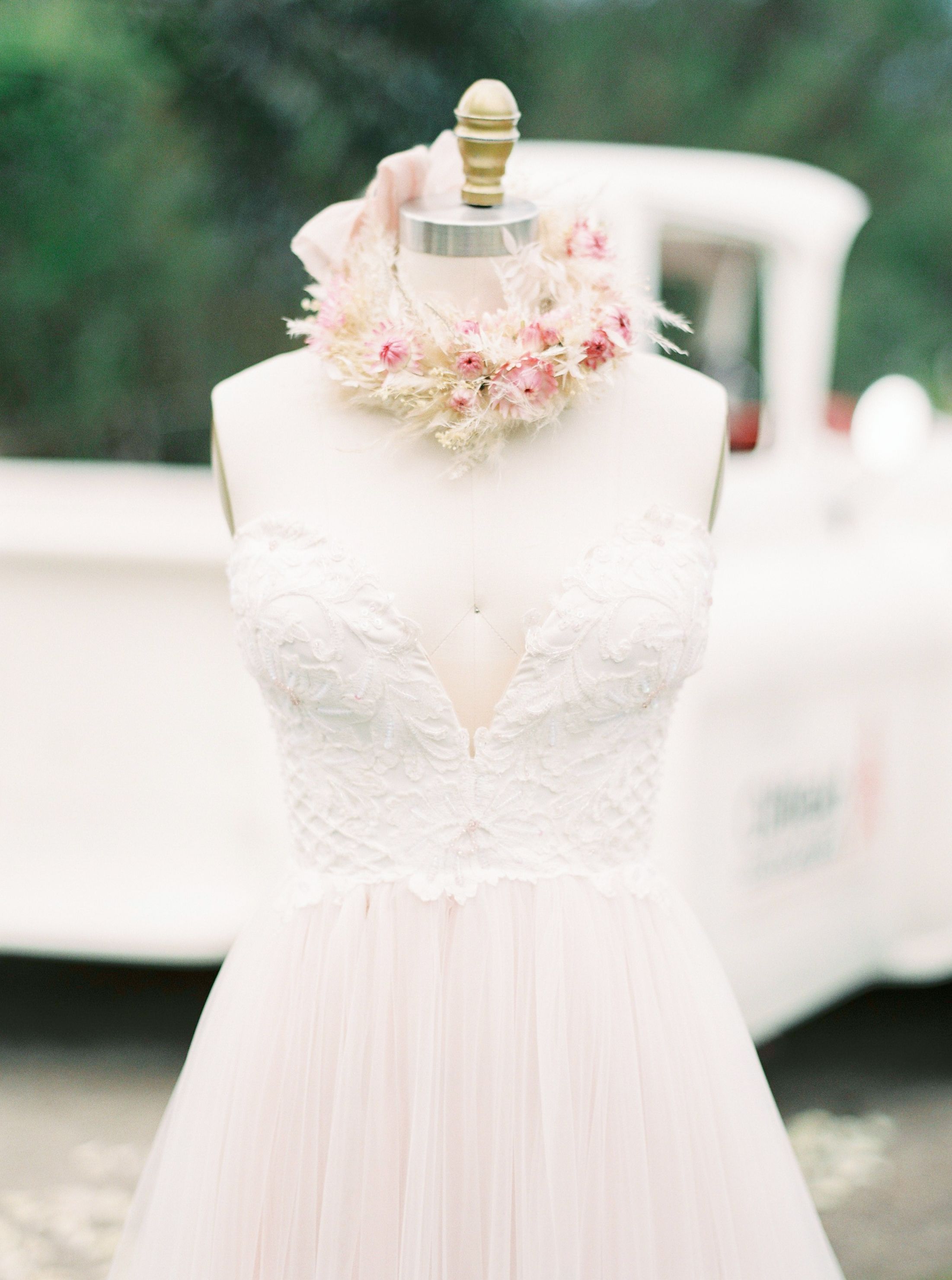 Ballerina style wedding dress and floral crown