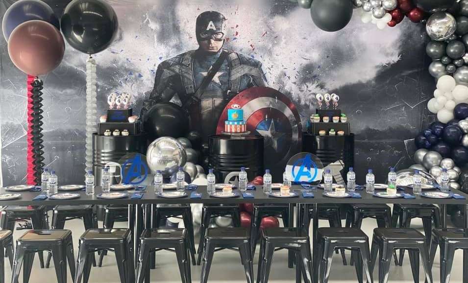Dark themed Captain America party set up