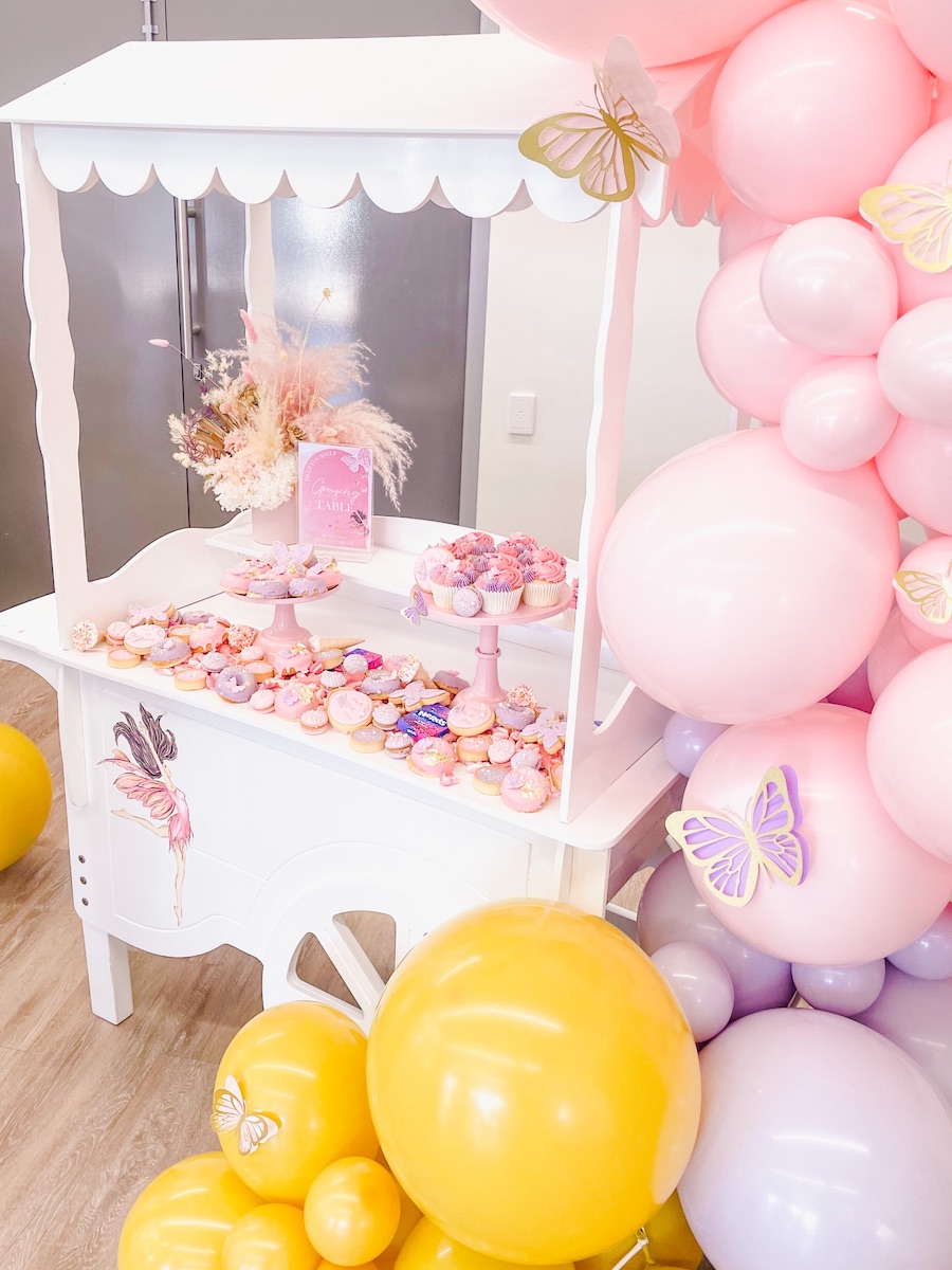 purple and pastel pink butterfly party, Mustard, purple and pastel pink butterfly party