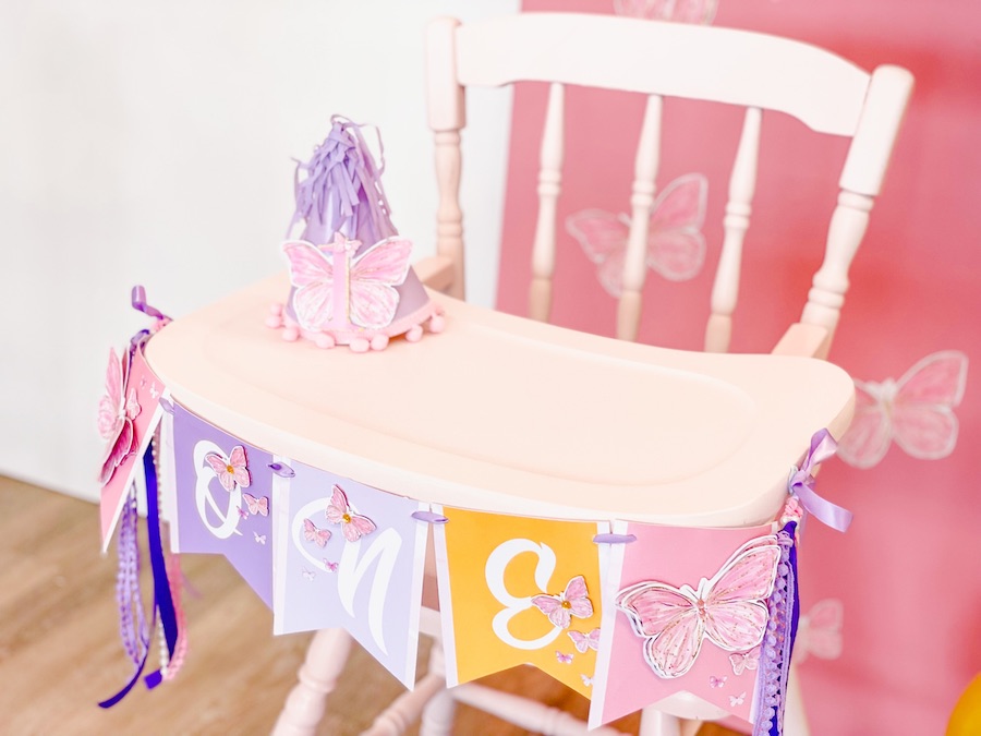 purple and pastel pink butterfly party, Mustard, purple and pastel pink butterfly party