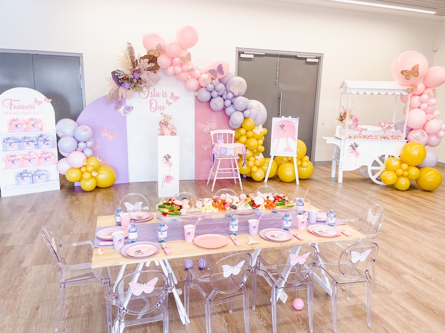 purple and pastel pink butterfly party, Mustard, purple and pastel pink butterfly party